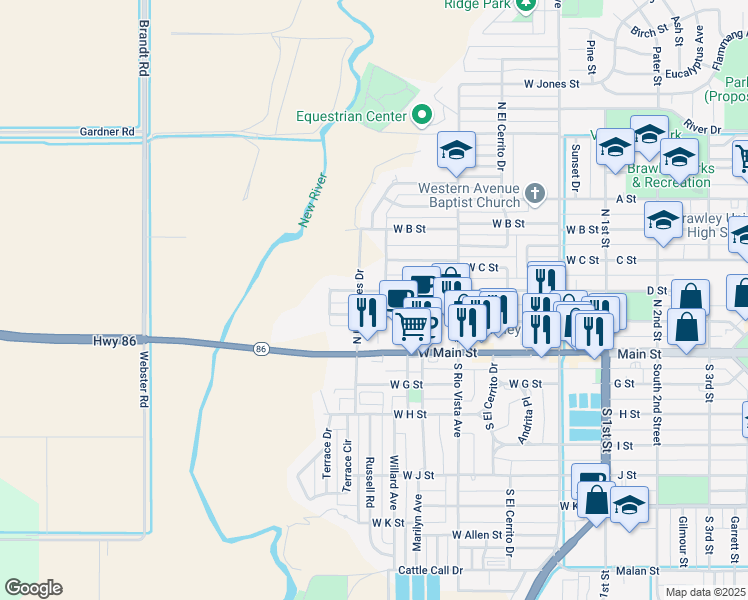 map of restaurants, bars, coffee shops, grocery stores, and more near 490 West D Street in Brawley