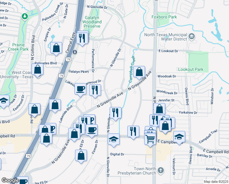 map of restaurants, bars, coffee shops, grocery stores, and more near 2220 North Glenville Drive in Richardson