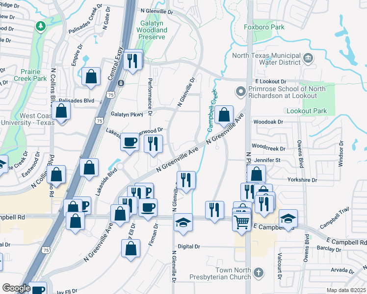 map of restaurants, bars, coffee shops, grocery stores, and more near 2220 North Glenville Drive in Richardson
