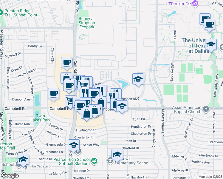 map of restaurants, bars, coffee shops, grocery stores, and more near 2106 Lucerne Cove in Richardson