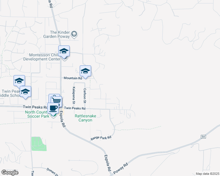 map of restaurants, bars, coffee shops, grocery stores, and more near Carlson Court in Poway