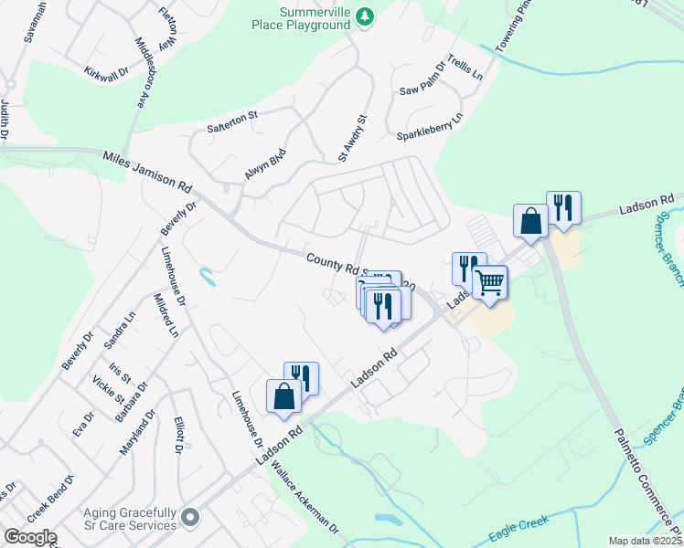 map of restaurants, bars, coffee shops, grocery stores, and more near 9675 Jamison Road in Ladson