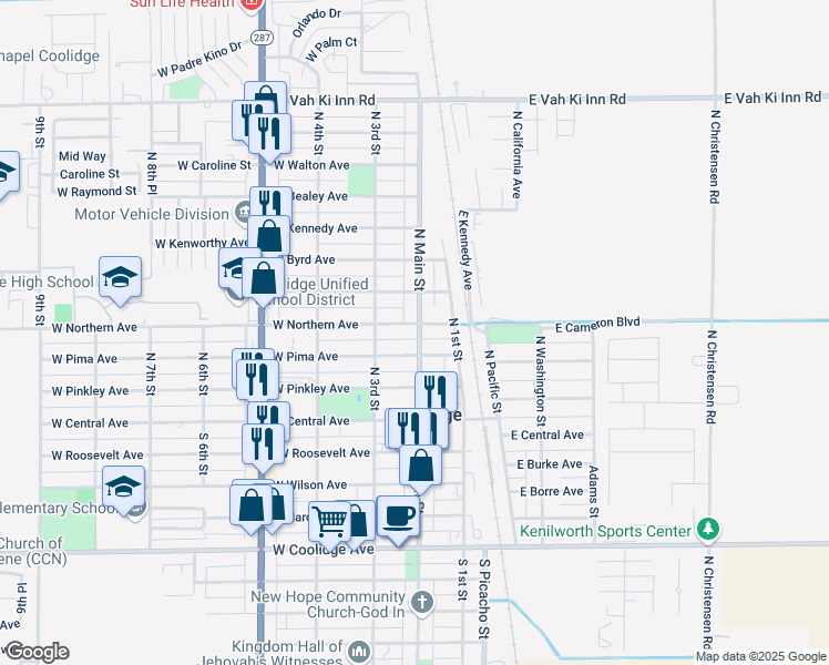 map of restaurants, bars, coffee shops, grocery stores, and more near 367 North Main Street in Coolidge