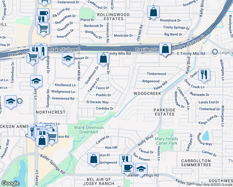 map of restaurants, bars, coffee shops, grocery stores, and more near 2134 Pueblo Drive in Carrollton