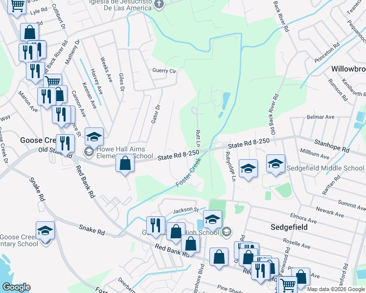 map of restaurants, bars, coffee shops, grocery stores, and more near 317 Howe Hall Road in Goose Creek