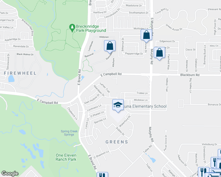 map of restaurants, bars, coffee shops, grocery stores, and more near 6914 Tartan Trail in Garland