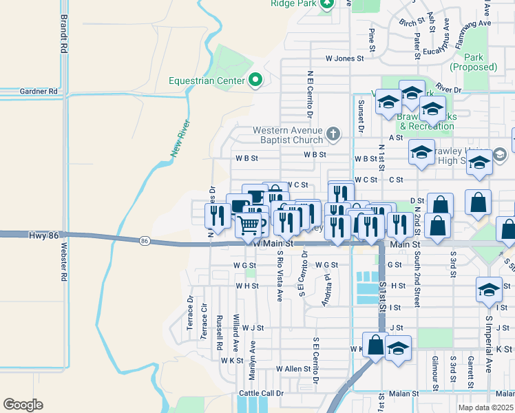 map of restaurants, bars, coffee shops, grocery stores, and more near 446 West D Street in Brawley