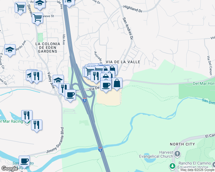 map of restaurants, bars, coffee shops, grocery stores, and more near 2707 Via De La Valle in Del Mar