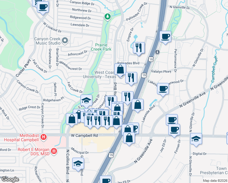 map of restaurants, bars, coffee shops, grocery stores, and more near N Collins Blvd & Fall Creek Dr in Richardson