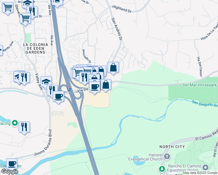 map of restaurants, bars, coffee shops, grocery stores, and more near 2775 Via De La Valle in Del Mar