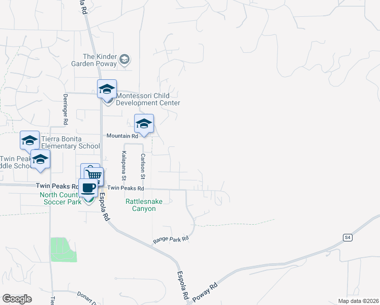 map of restaurants, bars, coffee shops, grocery stores, and more near 14635 Twin Peaks Place in Poway