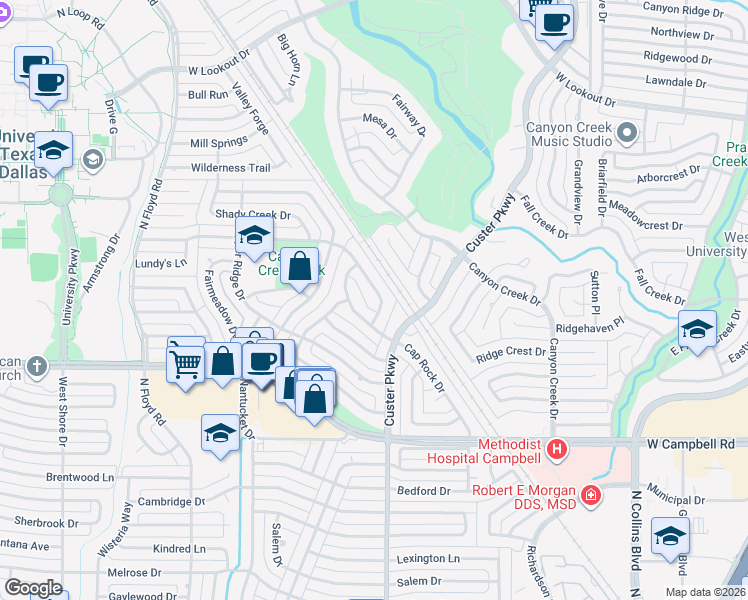 map of restaurants, bars, coffee shops, grocery stores, and more near 511 Lawnmeadow Drive in Richardson