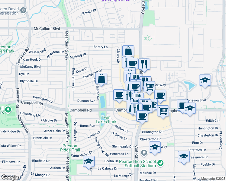 map of restaurants, bars, coffee shops, grocery stores, and more near 16507 Lauder Lane in Dallas