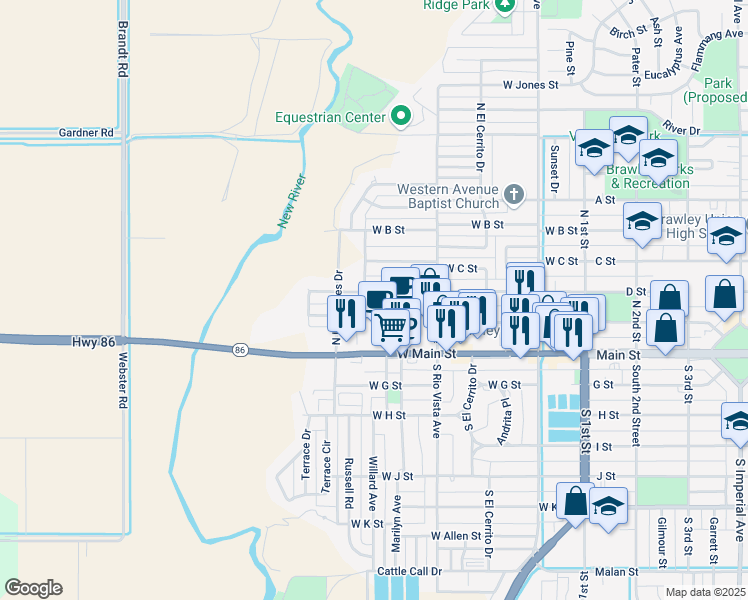 map of restaurants, bars, coffee shops, grocery stores, and more near 490 West D Street in Brawley