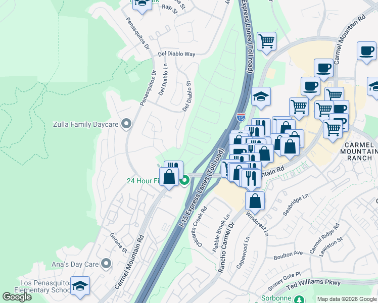 map of restaurants, bars, coffee shops, grocery stores, and more near 12082 Gavin Way in San Diego