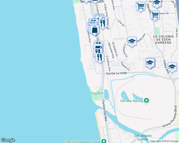 map of restaurants, bars, coffee shops, grocery stores, and more near 847 Beach Front Drive in Solana Beach