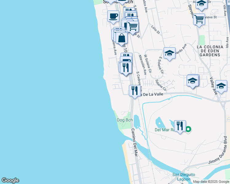 map of restaurants, bars, coffee shops, grocery stores, and more near 847 Beach Front Drive in Solana Beach