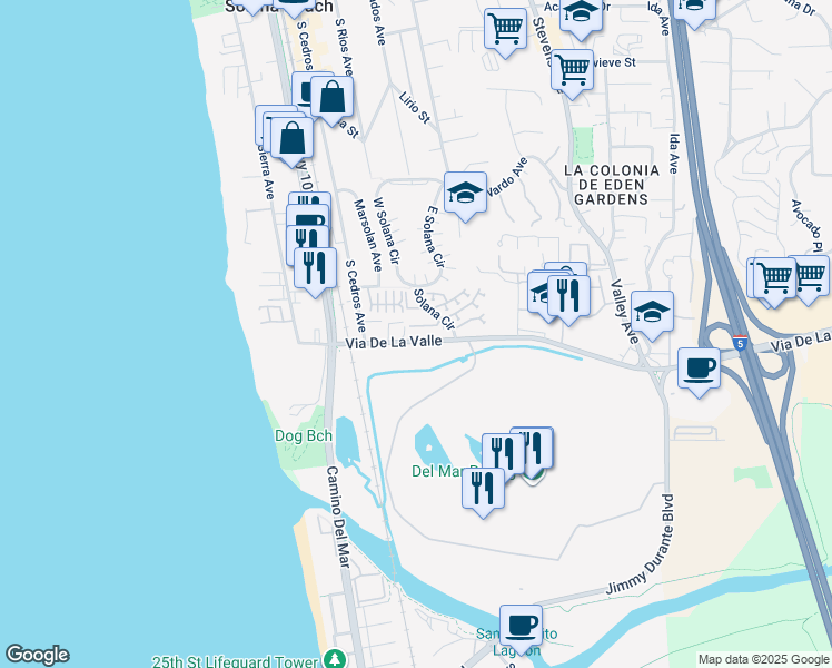 map of restaurants, bars, coffee shops, grocery stores, and more near 219 Turf View Drive in Solana Beach