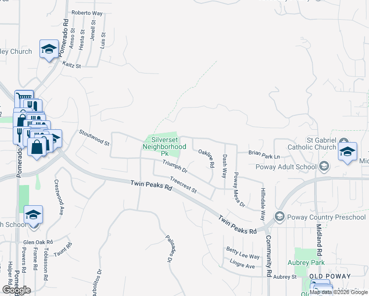 map of restaurants, bars, coffee shops, grocery stores, and more near 14741 Fieldview Way in Poway