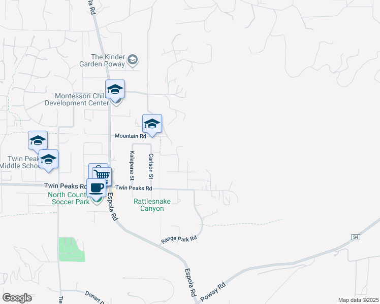 map of restaurants, bars, coffee shops, grocery stores, and more near Carlson Court in Poway