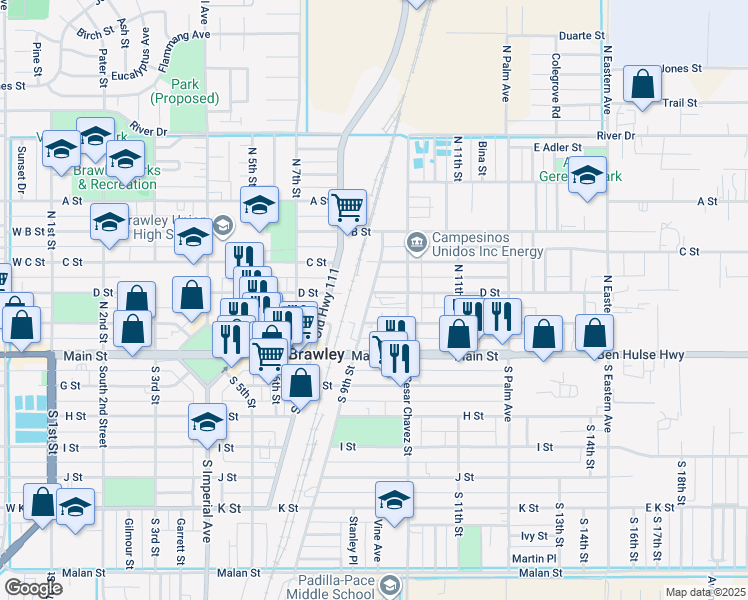 map of restaurants, bars, coffee shops, grocery stores, and more near 266 North 9th Street in Brawley