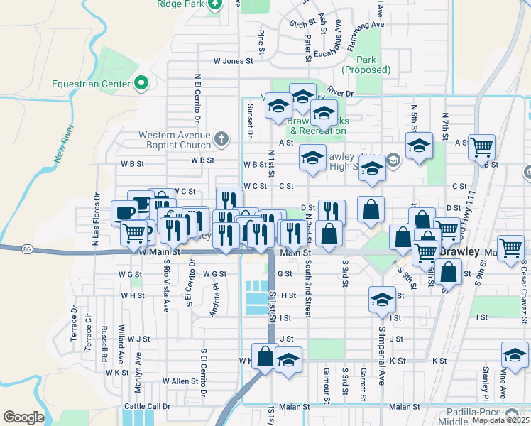 map of restaurants, bars, coffee shops, grocery stores, and more near 271 North 1st Street in Brawley