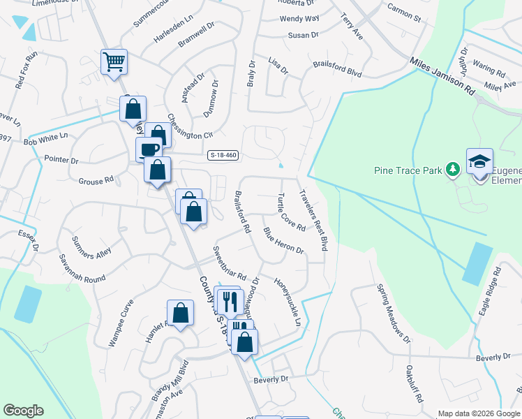 map of restaurants, bars, coffee shops, grocery stores, and more near 107 Woodthrush Road in Summerville