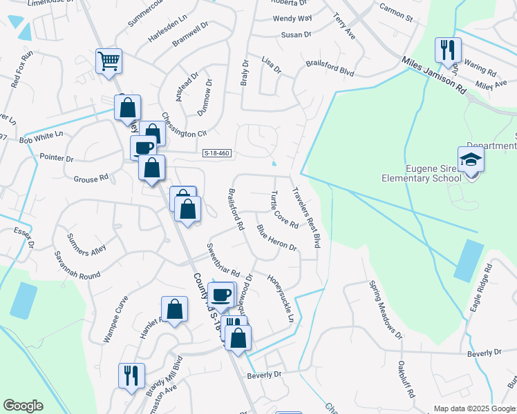 map of restaurants, bars, coffee shops, grocery stores, and more near 109 Woodthrush Road in Summerville