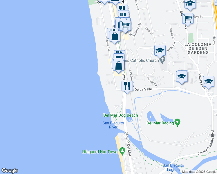map of restaurants, bars, coffee shops, grocery stores, and more near 847 Beach Front Drive in Solana Beach