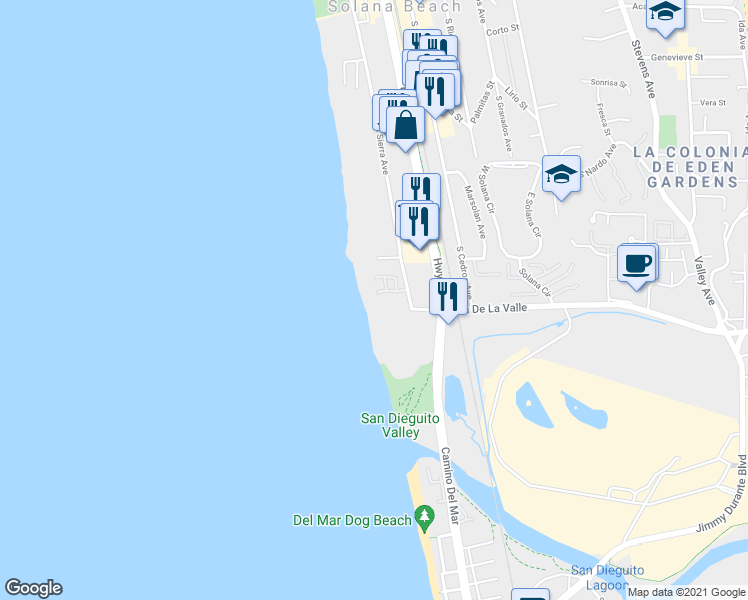 map of restaurants, bars, coffee shops, grocery stores, and more near 847 Beach Front Drive in Solana Beach