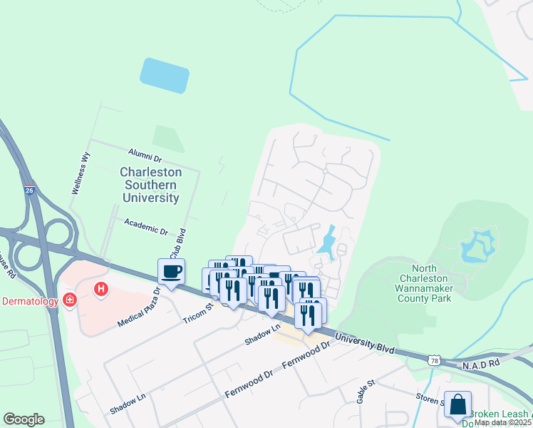map of restaurants, bars, coffee shops, grocery stores, and more near 2600 Elms Plantation Boulevard in North Charleston