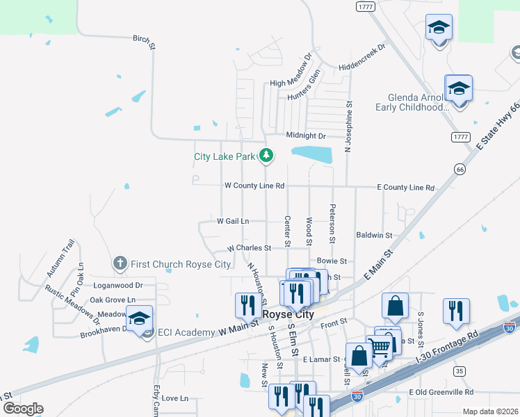 map of restaurants, bars, coffee shops, grocery stores, and more near 807 Live Oak Street in Royse City