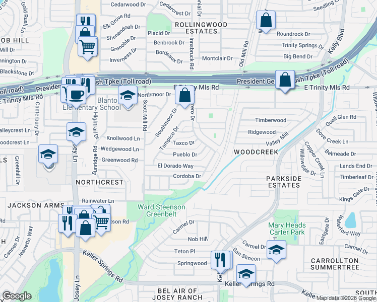 map of restaurants, bars, coffee shops, grocery stores, and more near 2119 Pueblo Drive in Carrollton