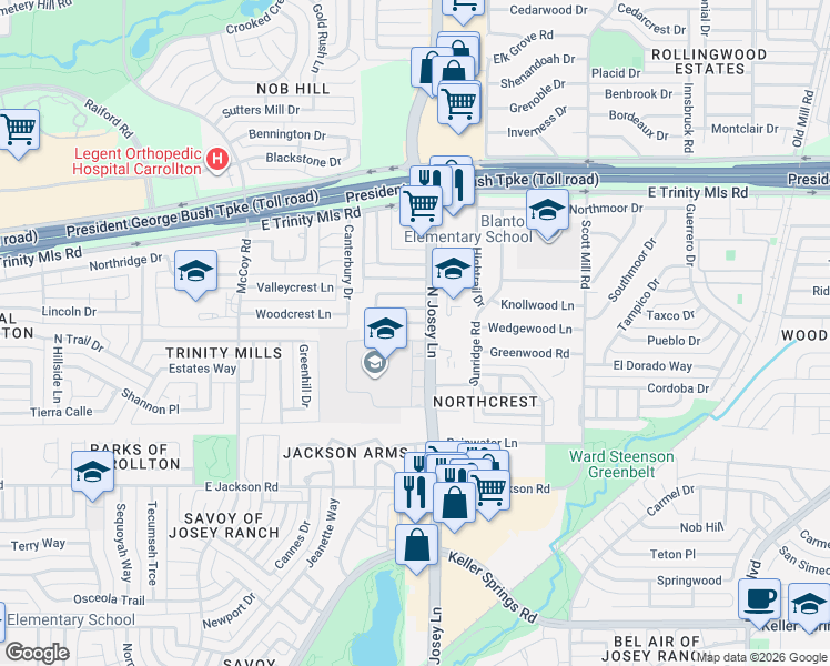 map of restaurants, bars, coffee shops, grocery stores, and more near 1810 South Crest Drive in Carrollton