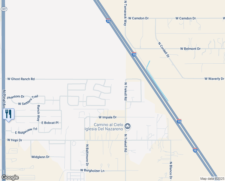 map of restaurants, bars, coffee shops, grocery stores, and more near 3962 North Spirit Place in Casa Grande