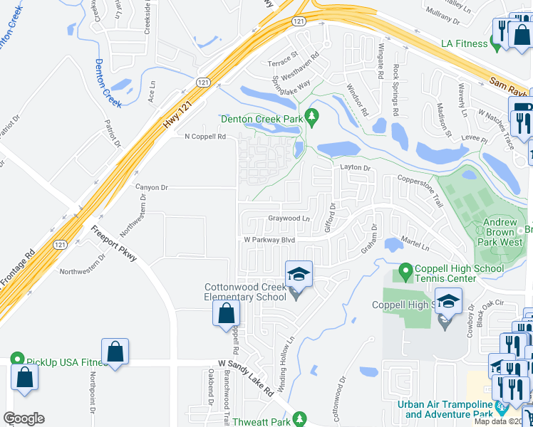map of restaurants, bars, coffee shops, grocery stores, and more near 714 Graywood Lane in Coppell