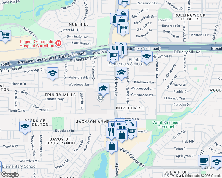 map of restaurants, bars, coffee shops, grocery stores, and more near 1810 South Crest Drive in Carrollton