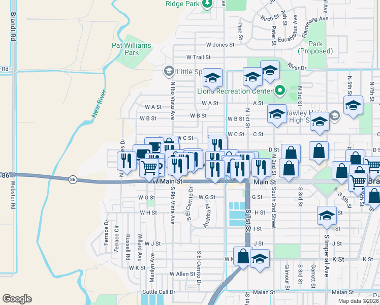 map of restaurants, bars, coffee shops, grocery stores, and more near 332 West D Street in Brawley