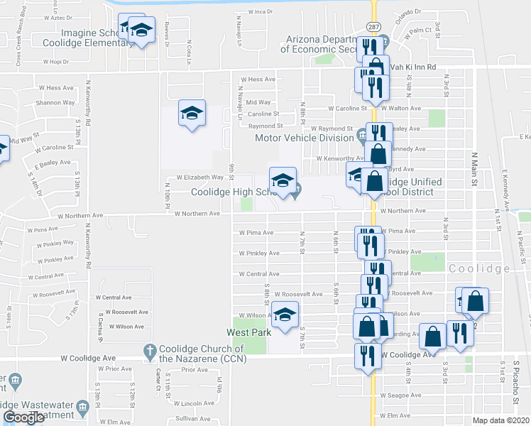 map of restaurants, bars, coffee shops, grocery stores, and more near 805 West Northern Avenue in Coolidge