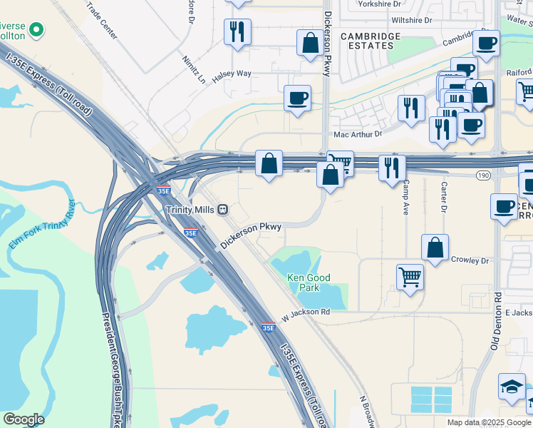 map of restaurants, bars, coffee shops, grocery stores, and more near 1455 Moonrise Avenue in Carrollton