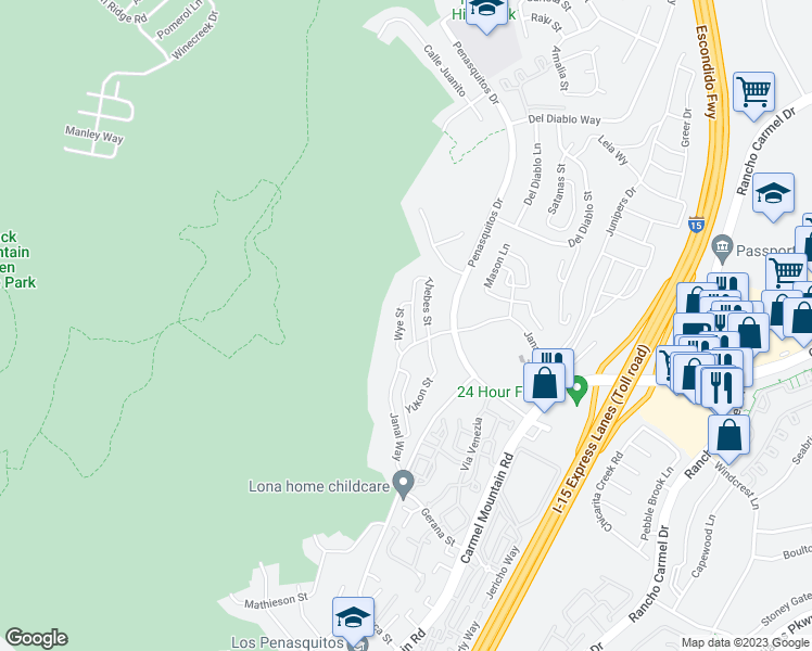 map of restaurants, bars, coffee shops, grocery stores, and more near 14645 Wye Street in San Diego