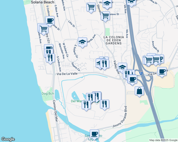 map of restaurants, bars, coffee shops, grocery stores, and more near 859 Del Mar Downs Road in Solana Beach