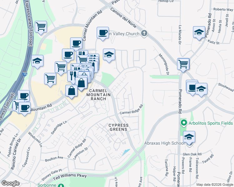 map of restaurants, bars, coffee shops, grocery stores, and more near 14530 Rutledge Square in San Diego