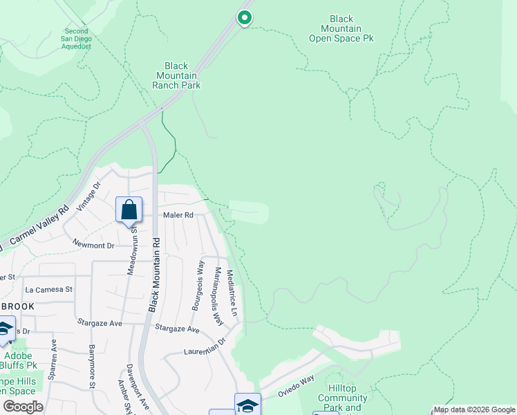 map of restaurants, bars, coffee shops, grocery stores, and more near 9493 Maler Road in San Diego