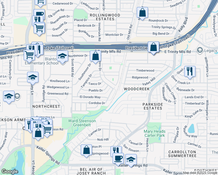 map of restaurants, bars, coffee shops, grocery stores, and more near 2134 Pueblo Drive in Carrollton