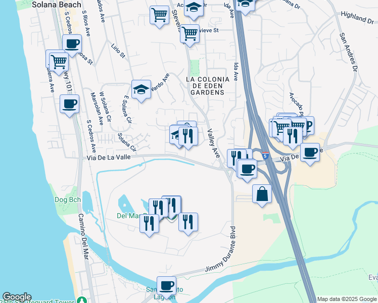 map of restaurants, bars, coffee shops, grocery stores, and more near 550 Via De La Valle in Solana Beach