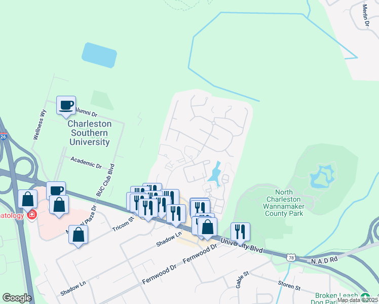 map of restaurants, bars, coffee shops, grocery stores, and more near 2590 Elms Plantation Boulevard in North Charleston