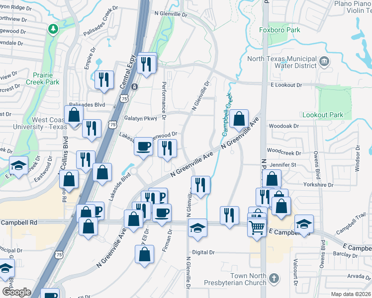 map of restaurants, bars, coffee shops, grocery stores, and more near 2220 North Glenville Drive in Richardson