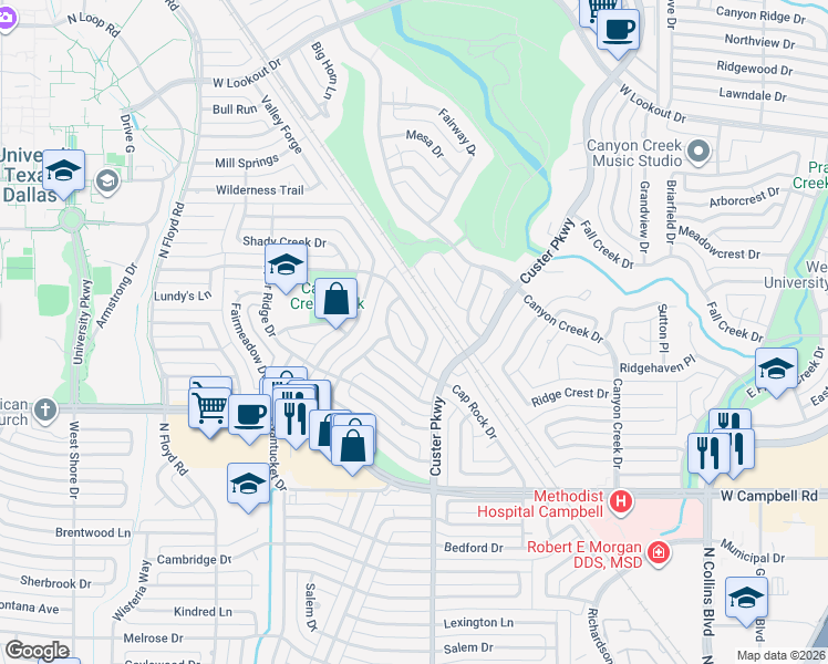 map of restaurants, bars, coffee shops, grocery stores, and more near 511 Lawnmeadow Drive in Richardson