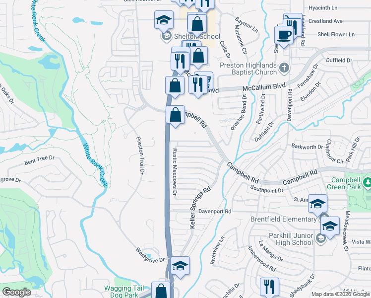 map of restaurants, bars, coffee shops, grocery stores, and more near 6010 Gentle Knoll Lane in Dallas